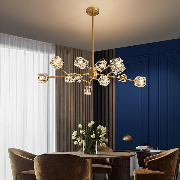 HLMRCHEN GOLD DINING ROOM CHANDELIER,CRYSTAL MODERN CHANDELIERS, 12 LIGHTS SPUTNIK KITCHEN DINING ROOM LIGHT FIXTURE(36″
