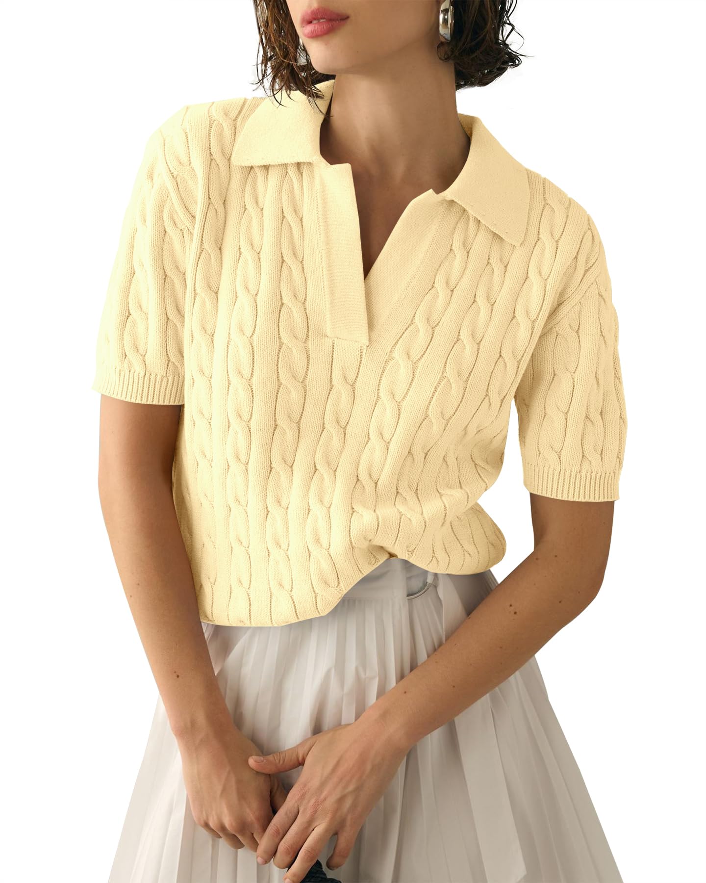 Photo 1 of Imily Bela Women's Cable Short Sleeve Sweaters Tops Solid Lapel V Neck Knit Casual Soft Pullover Shirt Light Yellow