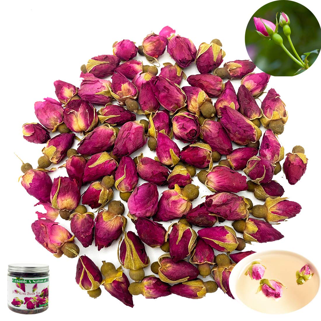 Organic Dried Pink Rose Buds Tea Flower, Edible Small Red Rose Buds and Petals Flower Loose Leaf Health Benefits Decaffeinated