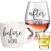 Physkoa Before Work After Work Gifts Set-Funny Workday Glass Cup Gift Set-Includes 20oz Coffee Mug, Wine Tumbler &Shot Glass,Work Office Humor Gift for Coworkers, Bosses, Friends