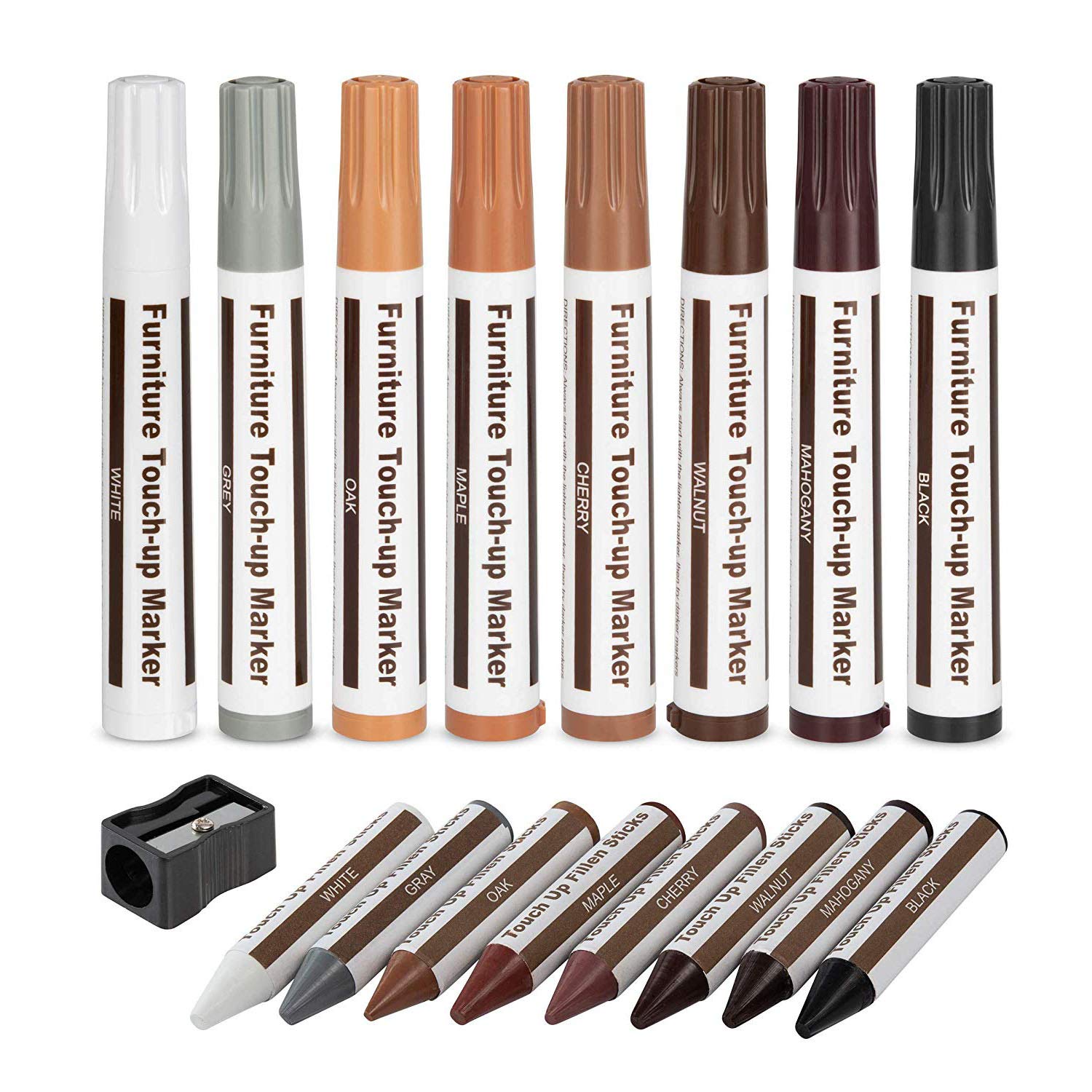 Escest Furniture Repair Kit (17 Pc Set) Scratch Touch Up Wood Markers & Wax Sticks with Sharpener - 8 Colors, White Gray Brown - for Stains, Scratches, Floors, Tables, Desks, Carpenters, Touch-Ups