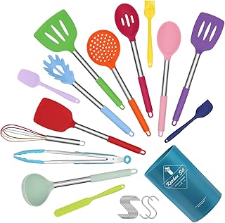 CORAFEI Kochbesteck Set 15 Stücke Silikon Küchenhelfer mit Ederstahl Griff, 10 S-Haken und Aufbewahrungsbehälter