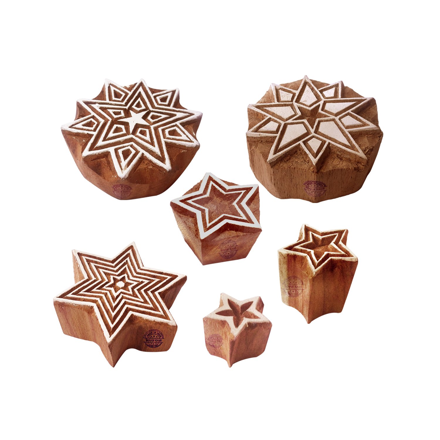 Fabric Print Stamps Designer Star Round Shape Wooden Blocks (Set of 6) Htag1975
