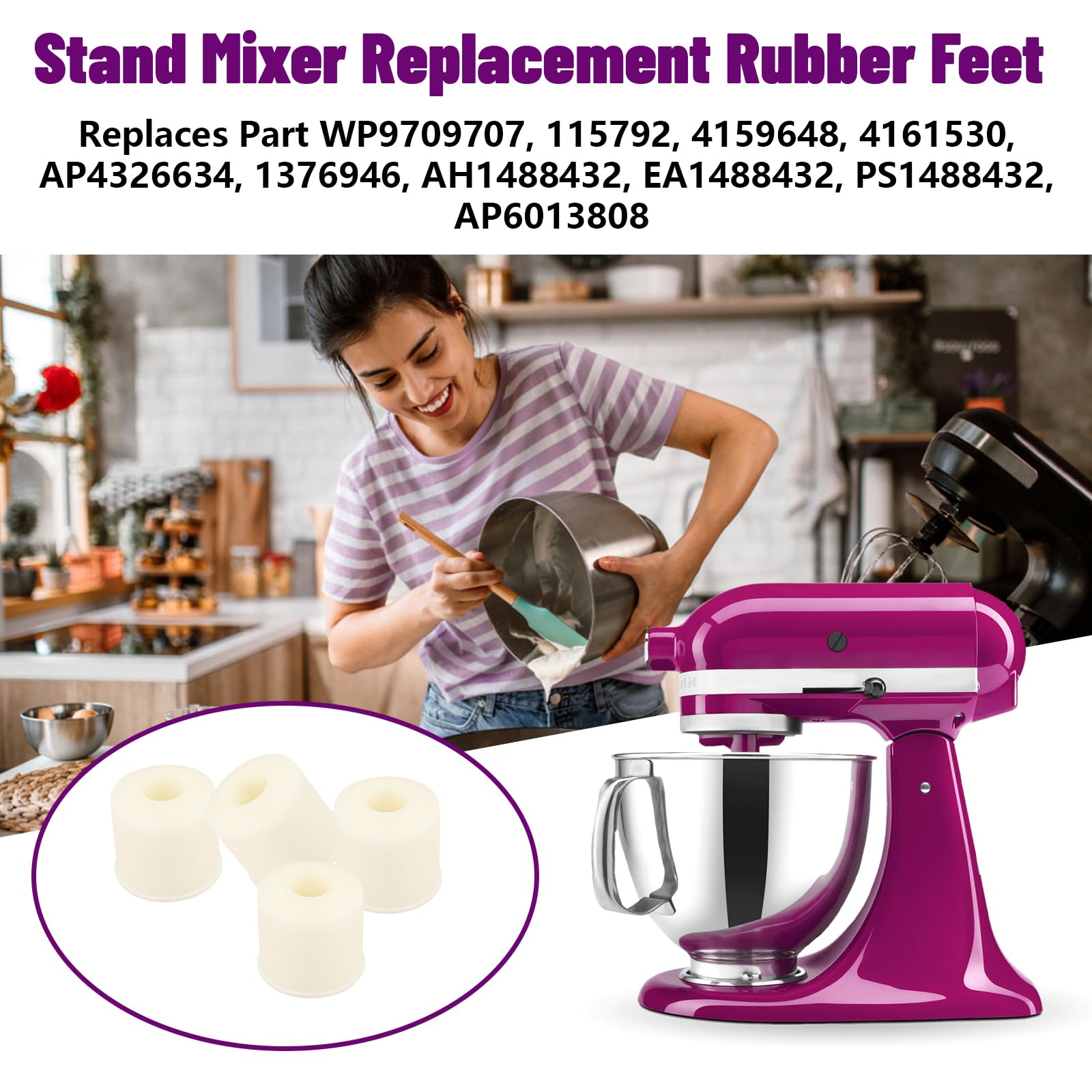 Mixer Rubber Feet Compatible with KitchenAid Stand Mixers Feet, (4 Pack) Mixer Feet Pads, Mixer Rubber Feet Replacement Parts 4161530, 9709707, for KSM90, K45SS, KSM75