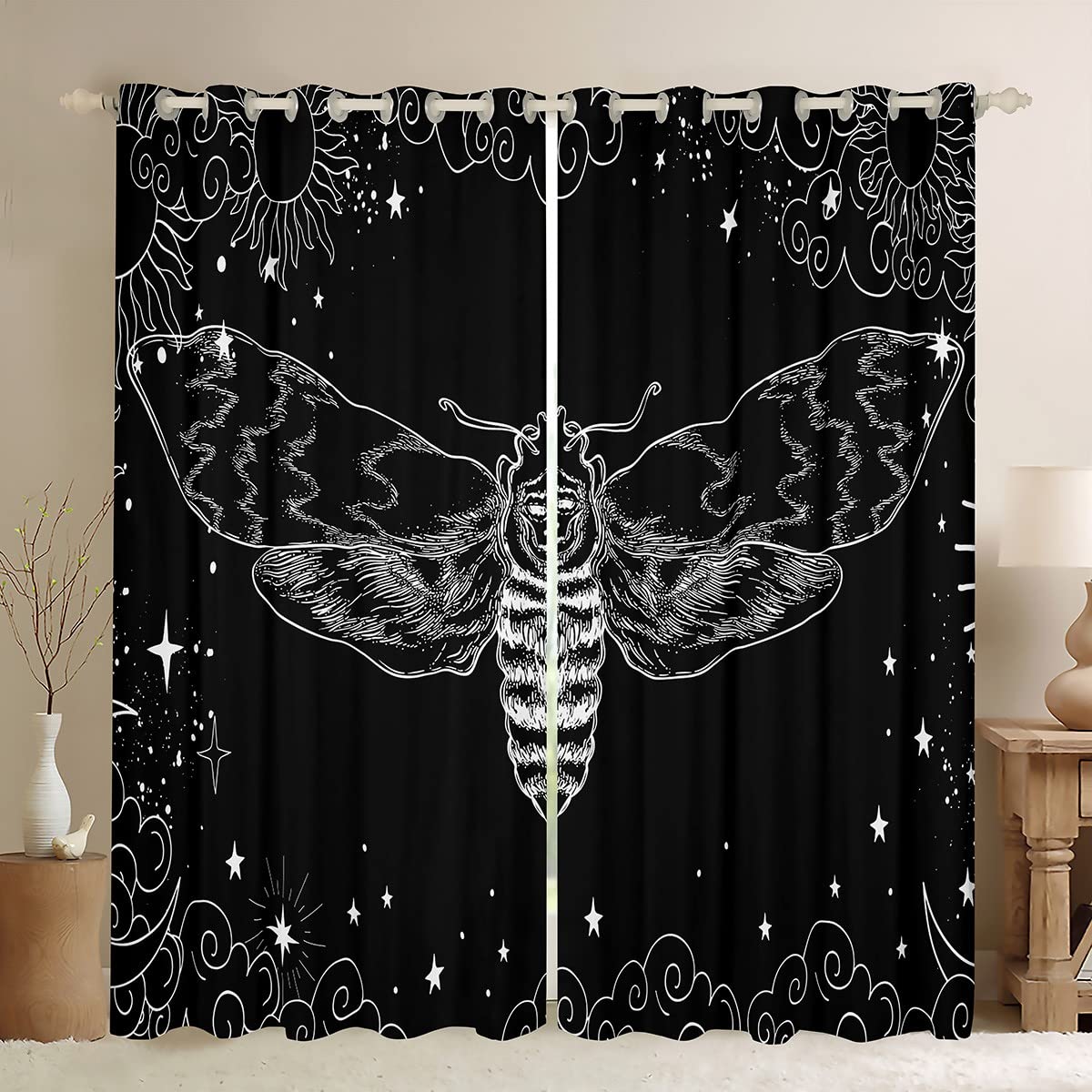 Loussiesd Death Moth Curtains Bedroom Living Room Kids Skull Decor Blackout Curtains Teens Halloween Decorations Darkening Dreapes Boho Moth Black Skeleton Bones Window Treatments W66*L72