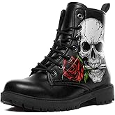 coolcustomize Custom Black Combat Boots for Women Fashion Lace-Up Skull Rose Ankle Booties Chunky Heel Platform Leather Boots