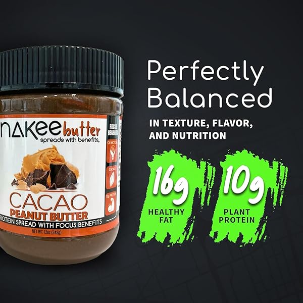 NAKEE BUTTER: FOCUS NUT BUTTER, KETO PEANUT BUTTER WITH CACAO & MCT OIL, HIGH PROTEIN, LOW CARB – ON-THE-GO SPREAD (12 OZ)