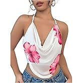 Floerns Women's Floral Print Draped Halter Backless Sleeveless Holiday Crop Cami Tops