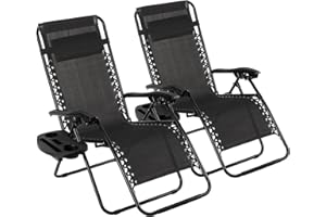 TLSUNNY Zero Gravity Chair Set of 2, Outdoor Folding Lounge W/Detachable Headrest & Holder Tray, Adjustable Textilene Lawn Re