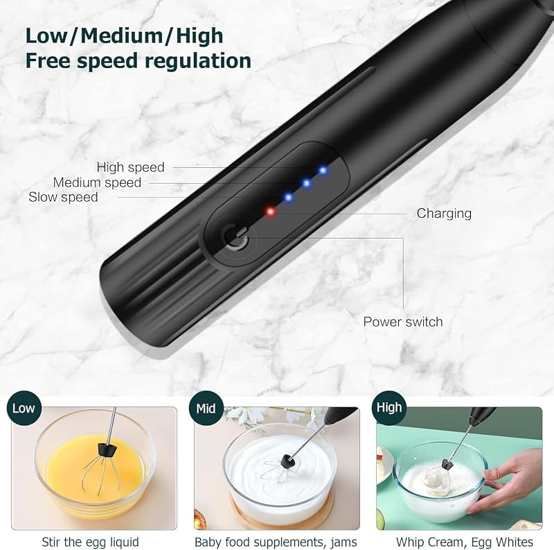 espuma de leite, batedor de leite elétrico recarregável USB, escumadeira de leite ajustável de 3 velocidades, espuma misturadora de leite para cappuccino, café, matcha (preto) — foto 2 de 7