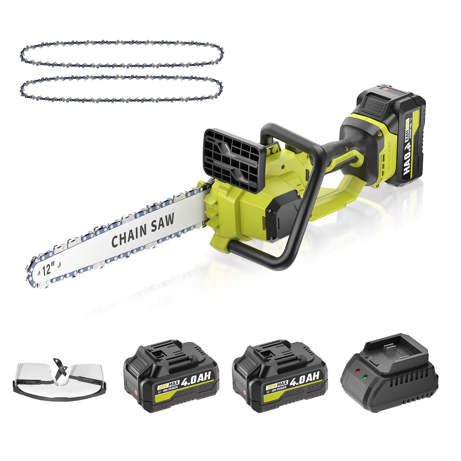 Photo 1 of 12 In Electric Chainsaw Cordless, 20V Battery Chain Saw with 2x4.0Ah Li-ion Batteries, 2 x Chains, with Tool-free Chain Tension, Auto Oiling for Wood Cutting, Tree Trimming and Branch Pruning