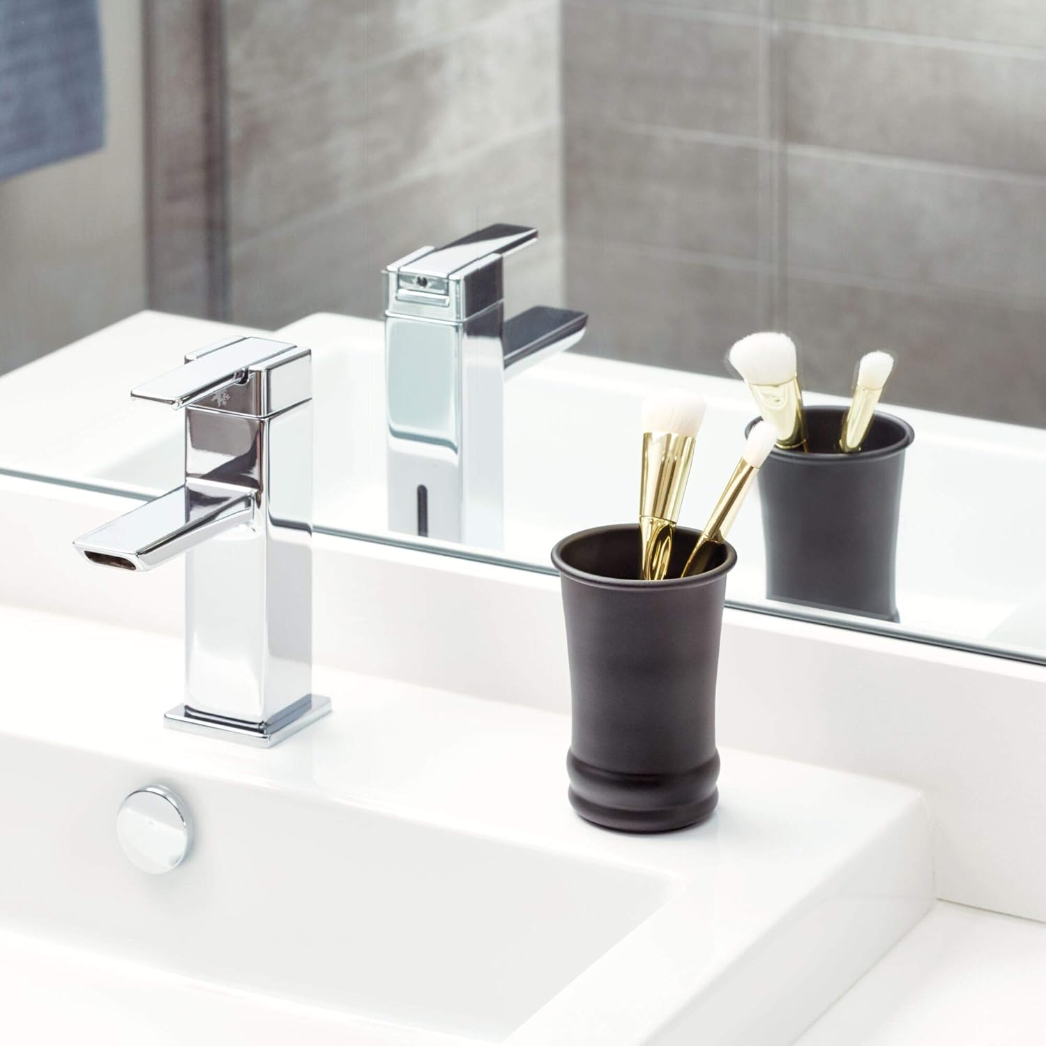 iDesign 26187 Olivia Metal Tumbler, Makeup Brush Holder and Toothbrush Cup for Bathroom, Countertop, Desk, Dorm, College, and Vanity - Matte Black: Home & Kitchen