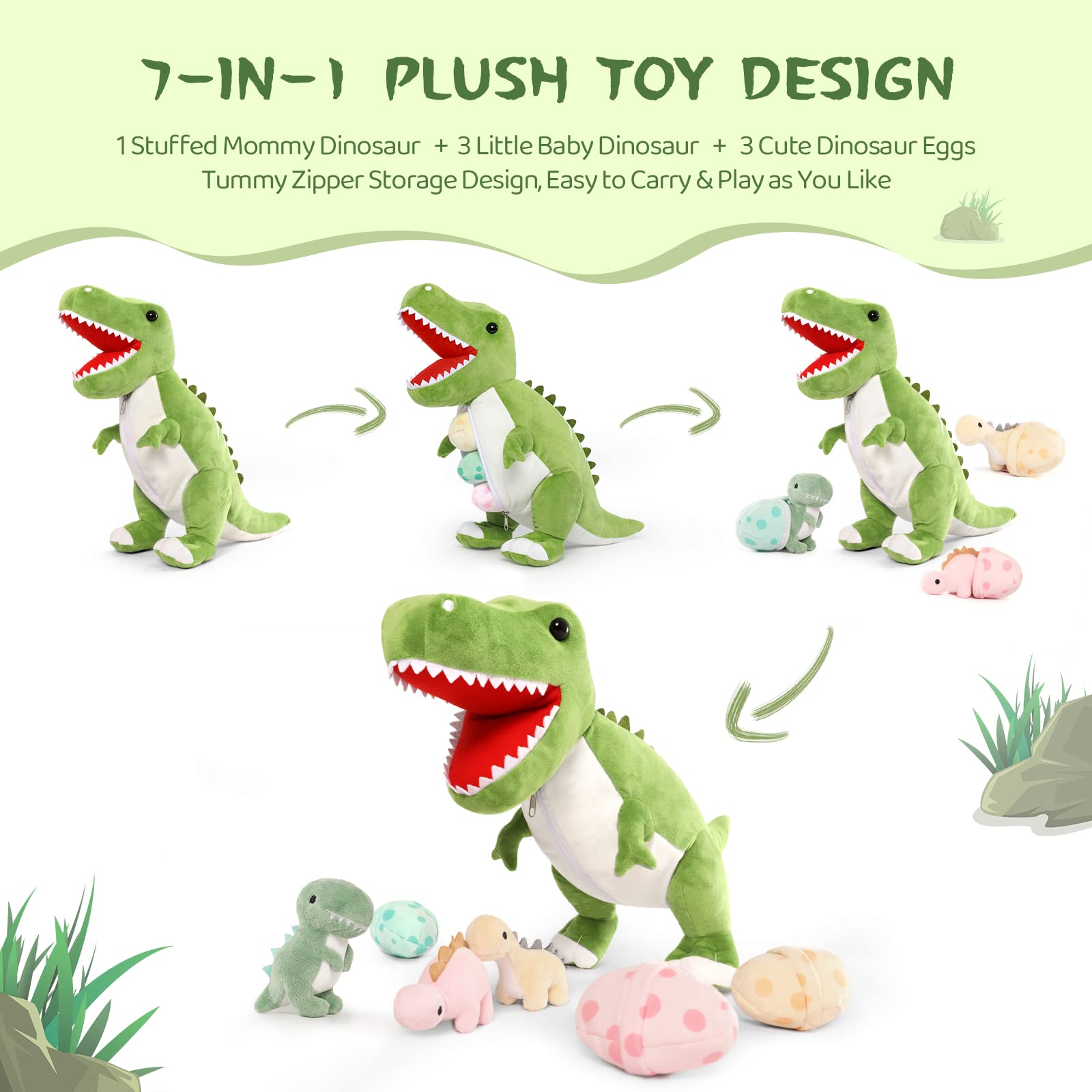 MorisMos 60cm hoch riesen Dino Kuscheltier XXL mit 3 Baby im Bauch, groß Dinosaurier Plüschtier Stofftier, weich Dino Spielzeug Plüschdino für Kleinkind Jungen Weihnachten Geschenk 4