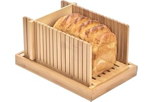 AUTUBIN Bamboo Bread Slicer with Knife - Detachable Compact Wooden Bread Slicer with Multifunction Crumb Tray, Adjustable Bread Slicer Guide, Great for Homemade Bread, Cakes（Slices bread up to 5.5" W x 5" H）