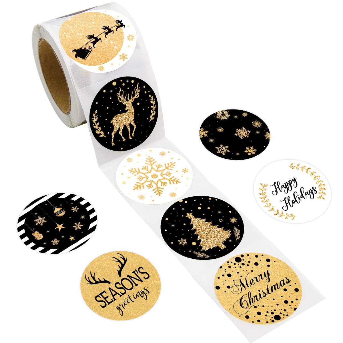 Christmas Stickers for Kids 500PCS Labels Black & Gold Faux Glitter Holiday Christmas Party Decoration