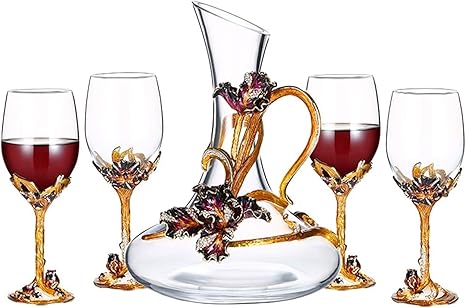 Amazon ワイングラス 赤ワインガラスエナメル高級ワイングラスクリスタル無鉛ガラスゴブレットアイリスパターンワイングラス4ワイングラス 1デカンタ ワイングラス Color Clear Size 4 Wine Glass 1 Decanter ワイングラス オンライン通販
