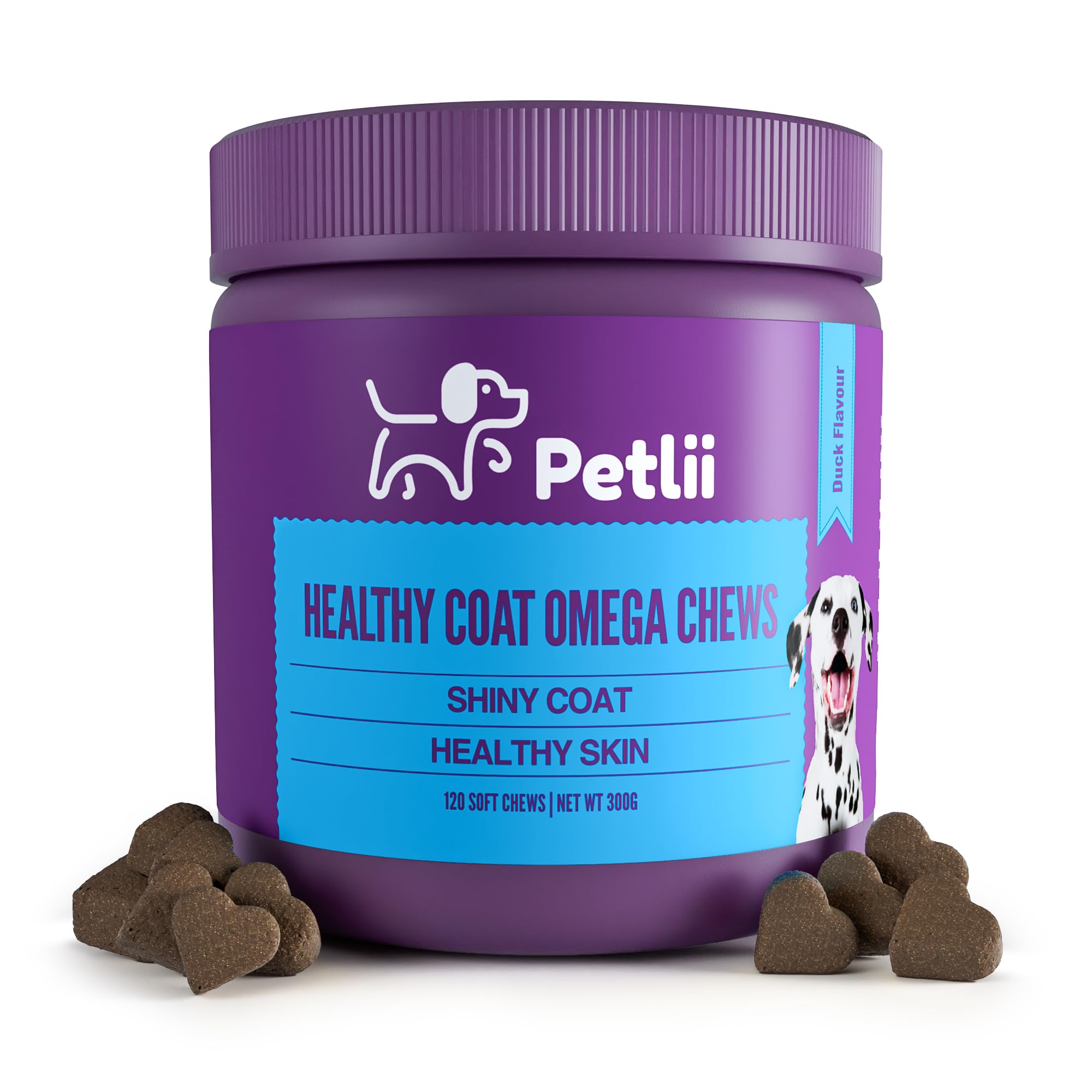 Petlii HEALTHY COAT OMEGA CHEWS - 120 Duck flavour Chews for Skin and Coat health. Omega 3, 6, 9, Biotin, Zinc, Fish Oils and Vitamins to relieve itching, allergies, dryness, patchiness and shedding