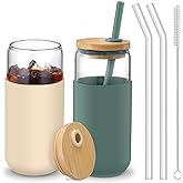 20 OZ Glass Cups with Bamboo Lids and Straws - Beer Can Drinking Glasses with Silicone Protective Sleeve Set, Iced Coffee Glasses, Cute Tumbler Cup for Water, Tea, Gift - Cambridge Blue, Amber