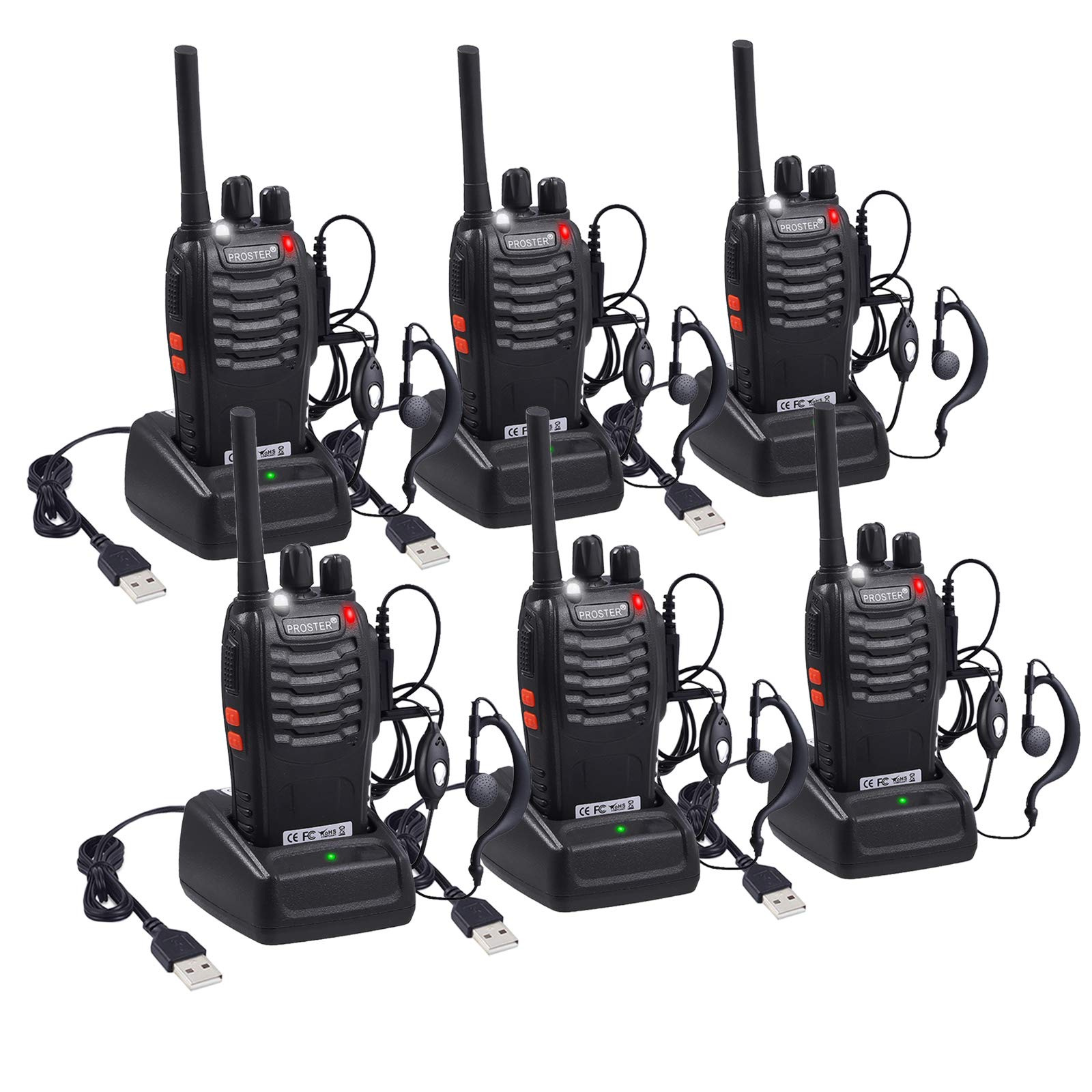 Proster Walkie Talkies for Adults Long Range - Rechargeable Walkie Talkies with 16 Channels, VOX Function, LED Flashlight, Earpieces 2 Way Radio for Hiking Camping & Outdoor Activities (6PCS)