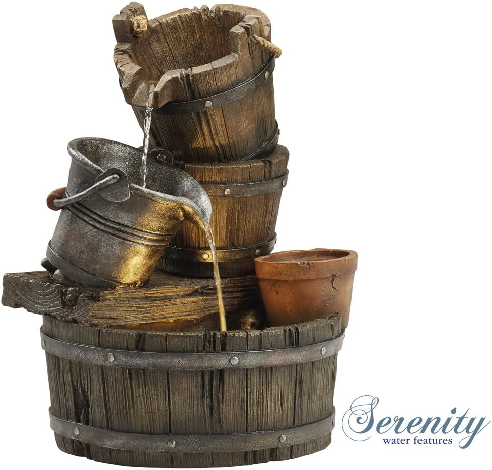 3 Tier Wooden Effect Cascading Garden Barrel Water Feature with Planter