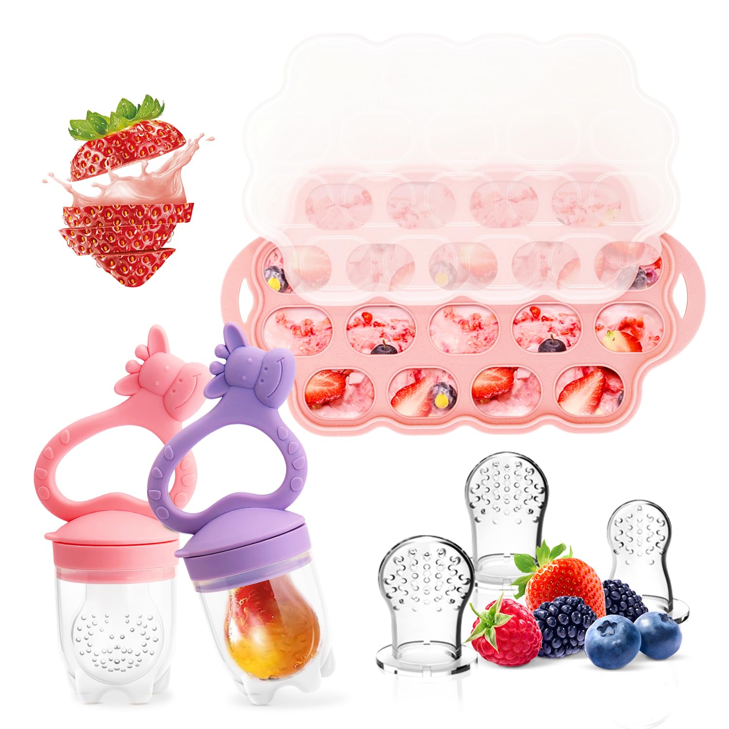 Photo 1 of ***FACTORY SEALED*** Baby Fruit Food Feeder Breastmilk Popsicle Molds for Teething Relief, Introduce New Foods, Silicone Freezer Tray with Lid, Includes 6 Food Pacifiers (Pink & Purple)
