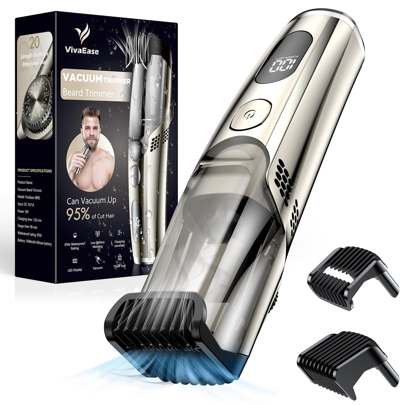 Photo 1 of VivaEase Vacuum Beard Trimmer for Men, New Version Adjustable Precision Trimming Length with 2 Comb, Electric Cordless Vacuum Trimmer for Beard, Waterproof and Rinses Easy, Blades for Skin fit