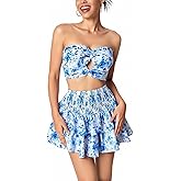 winkbay Women's 2 Piece Skirt Sets Boho Floral Cut Out Strapless Crop Top and Ruffle Skirts Vacation Outfits