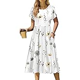 Zeagoo Women Summer Short Sleeve Midi Dress with Pockets Casual Aline Flowy Tshirt Dress Floral Vocation Beach Sundress