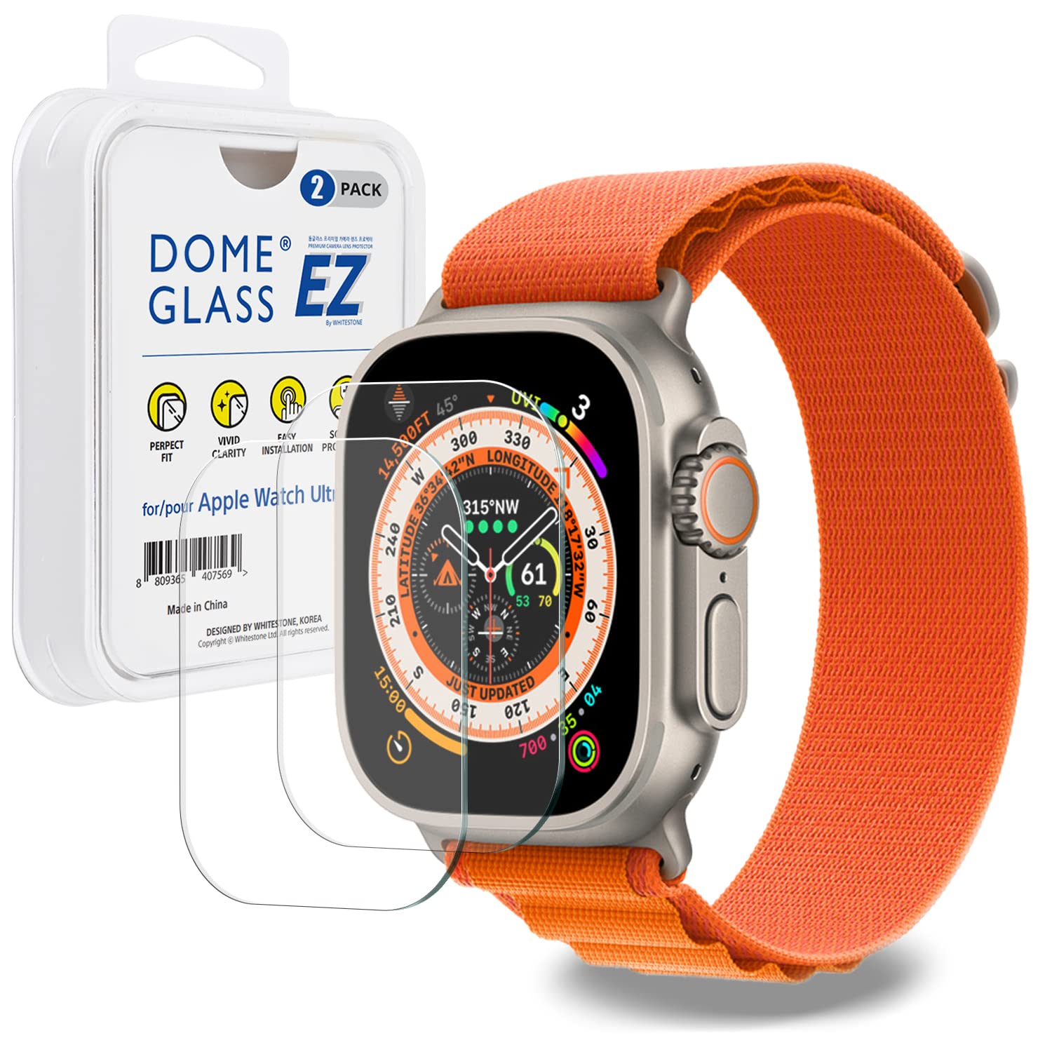 Whitestone Screen Protector EZ Glass compatible with Apple Watch Ultra 49mm - EZ Tempered Glass (Shock Proof, Case-Friendly, Anti-Scratch, Bubble-Free, Water Proof and Easy Installation [2pck]