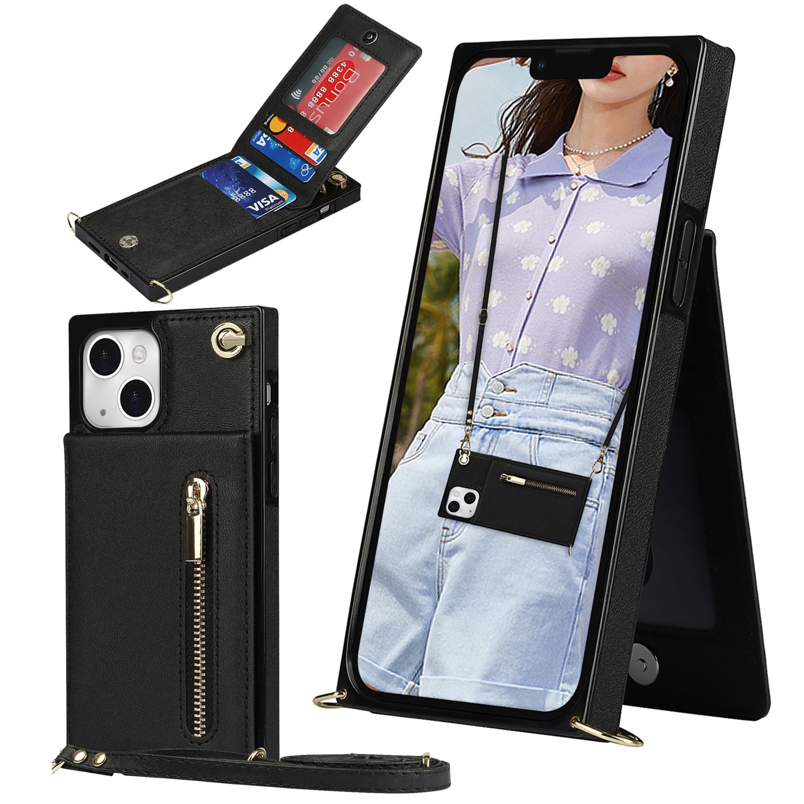 Ysnzaq Crossbody Wallet Case for iPhone 15 6.1", Flip Folio Lanyard Zipper for Women Girls with Card Holder Money Pocket Phone Case Cover for Apple/iPhone 15.XK Black