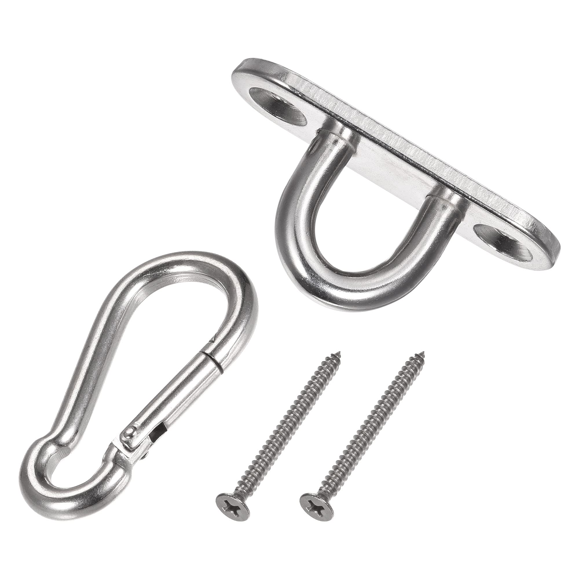 sourcing map Ceiling Hooks 304 Stainless Steel, 45x15mm Oval Plate U Shape Hooks with Snap Hooks and Screws for Hanging Chandeliers Plants, Pack of 2