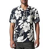 KlubKool Hawaiian Shirt Casual Coconut Shell Button Down Short Sleeve Front Pocket Men Unisex Summer Beach Tropical Floral