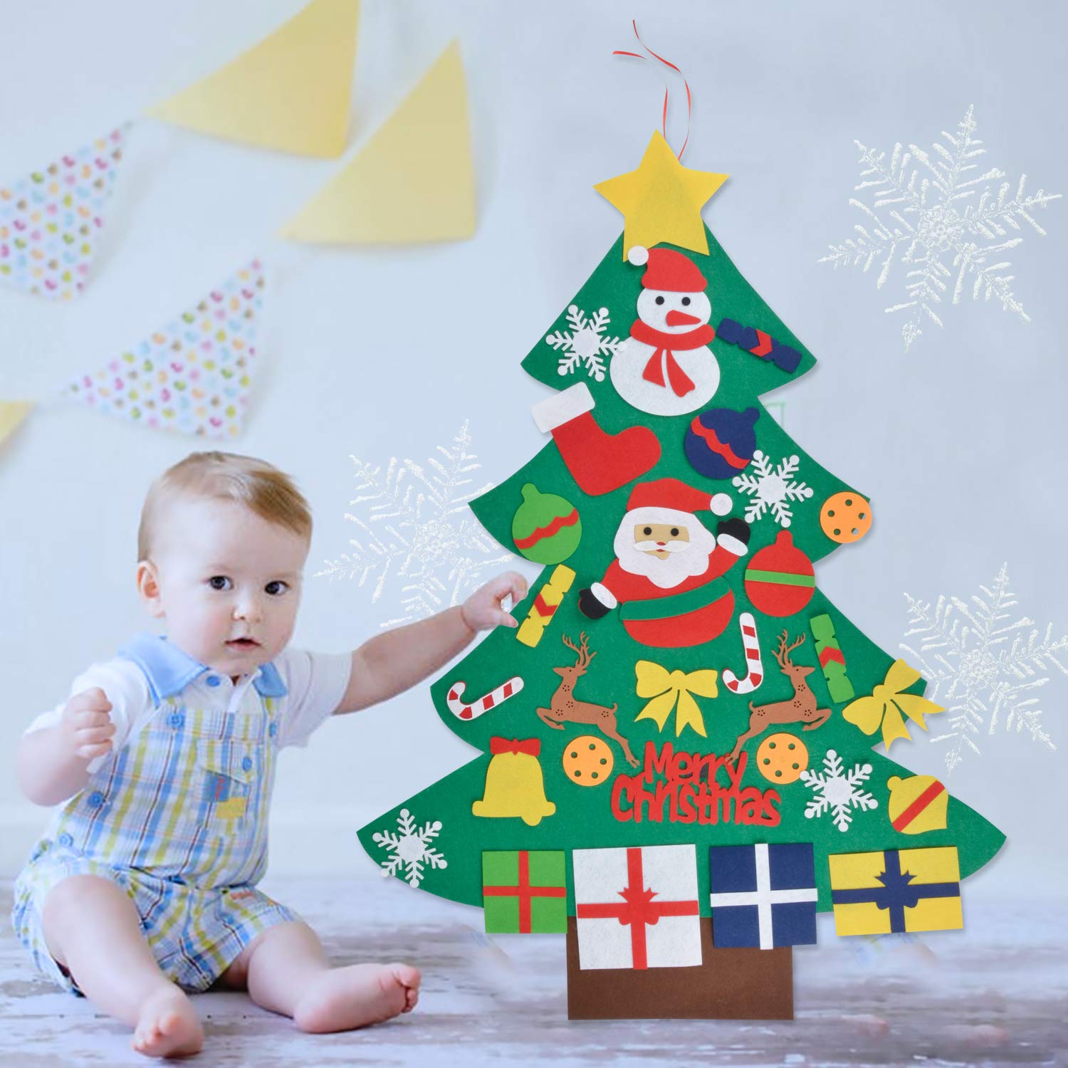 Aniwon Felt Christmas Tree, Xmas DIY Christmas Tree Door Wall Decoration with 30PCS Detachable Ornaments for Kids