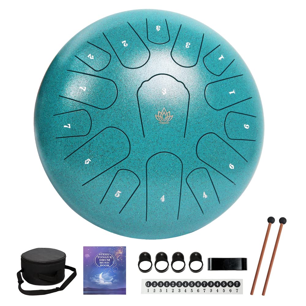 Photo 1 of Rain Drum for Outside Garden,Steel Tongue Drum 12 Inches 15 Notes Musical Instruments, Handpan Drum Percussion Instrument, with Soft Bag, Music Book, 2 Mallets, for Meditation or Yoga (Green)