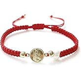 CRUZONE Our Lady of Guadalupe Medal and Dainty Cultured Fresh Father Pearl Adjustable Red String Bracelet Pulsera de la Virgen de Guadalupe para Mujeres