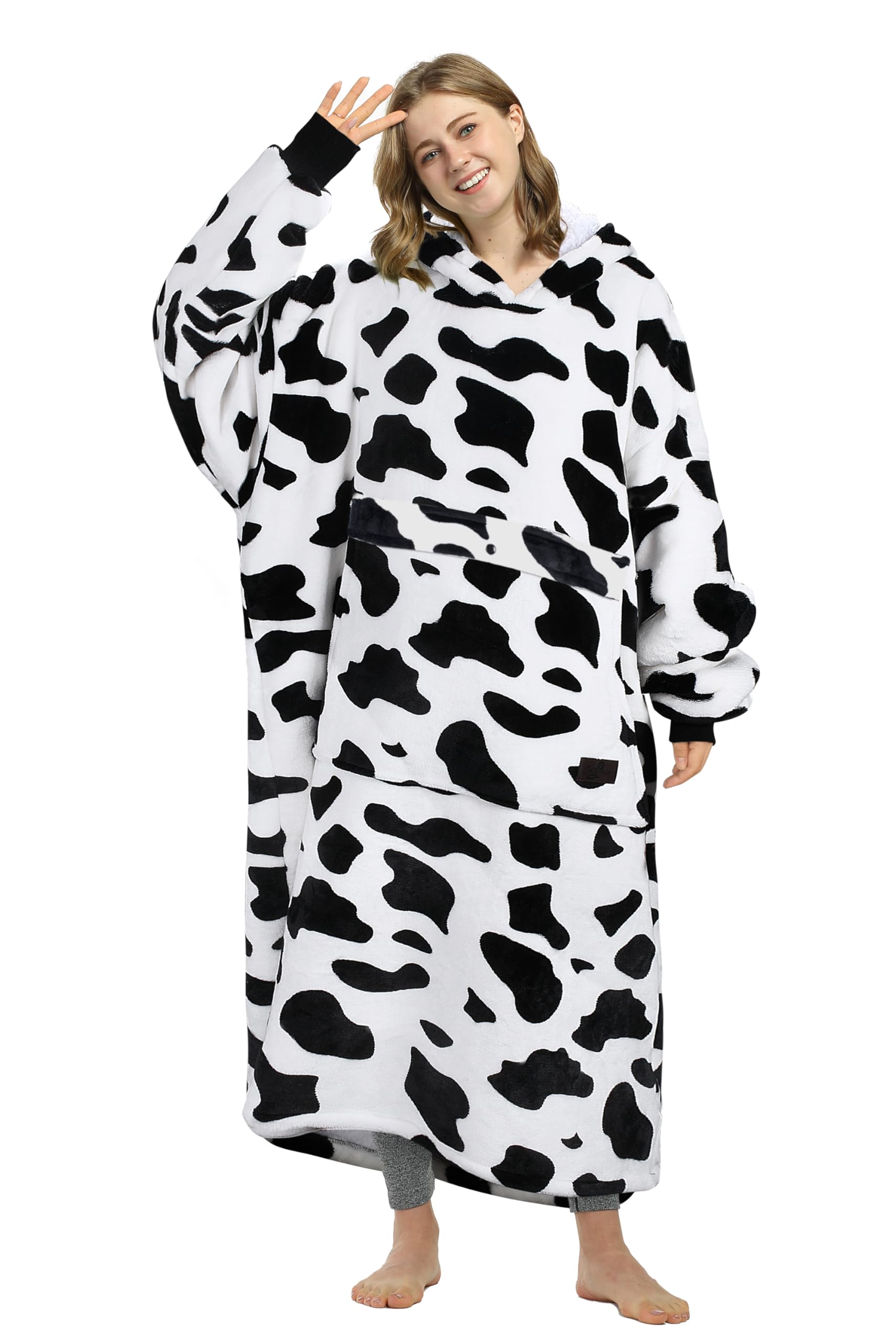 Catalonia Cow Print Full Body Blanket Hoodie Sweatshirt, Extra Long Oversized Comfortable Sherpa Lounging Pullover for Adults, Gift for Her Image