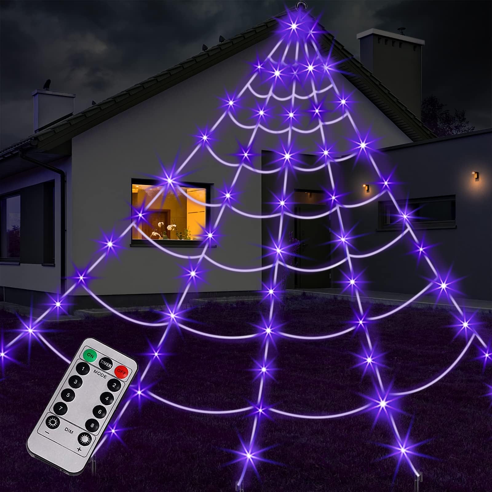Giant Spider Web Halloween Decorations Outdoor,125 Purple LED Light Up 16.4Ft Giant Spider Web,8 Modes Lighted Halloween Decorations for Outdoor,Lawn,Yard,Garden