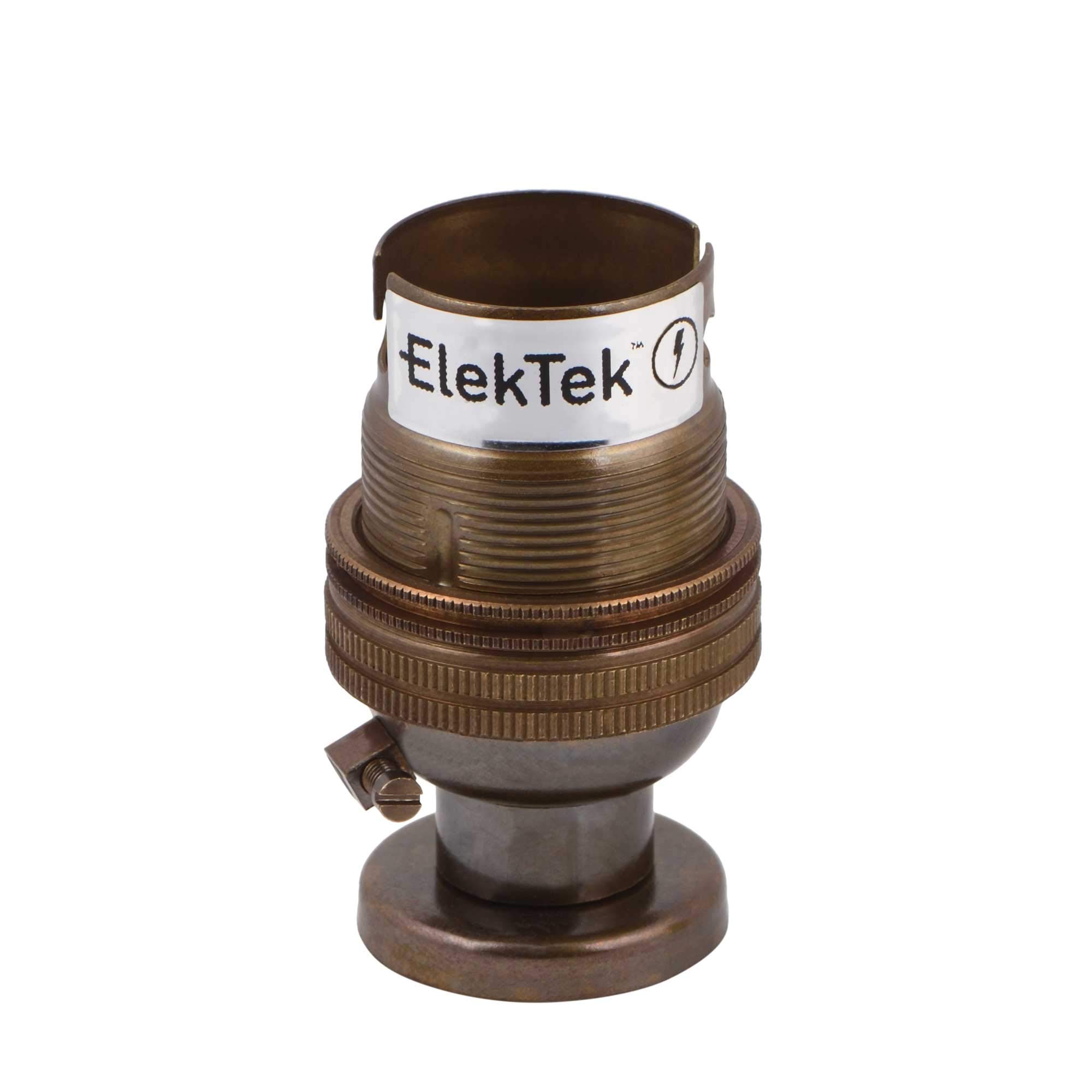ElekTek Unswitched Lamp Holder B22 BC Bayonet Cap & Shade Ring with Solid Brass CNC Back Plate Mount, Cover and Screws - Made in UK - Antique Brass
