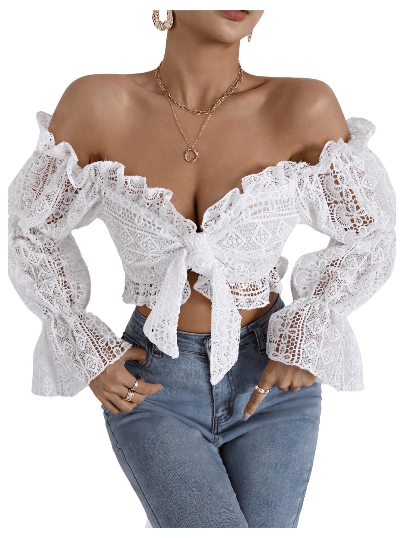 Photo 1 of WDIRARA Women's Deep V Neck Tops Ruffle Trim Bell Sleeve Tie Front Lace Crop Top Sexy Tops for Women White Small