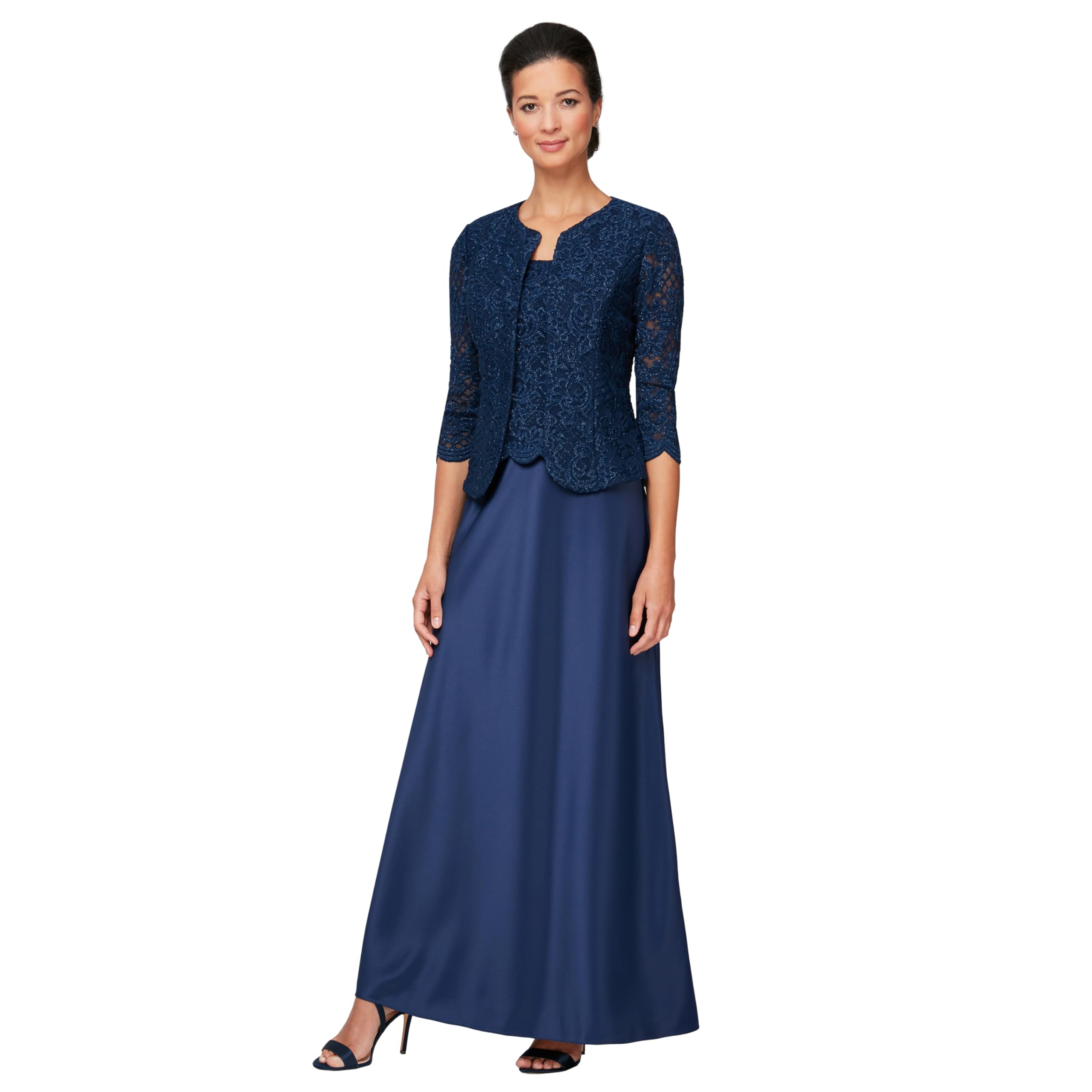 Alex Evenings Women’s Two Piece Mother of The Bride Dress with Lace Jacket (Petite and Regular Sizes), Navy, 16