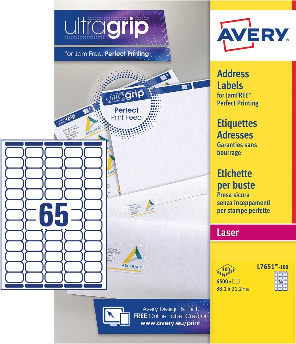 Avery L7651-100 - Mini Laser Labels 38x21mm White L7651-100 (6000Labels)