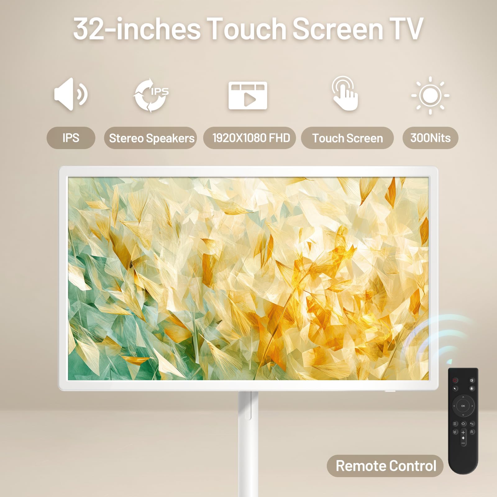 32-Inch Portable TV with Touch Screen | 6GB RAM + 128GB Storage | 1080P Full HD Portable Monitor with Built-in 8-Hour Battery | Android 13 OS | Rolling TV on Wheels | Remote Control