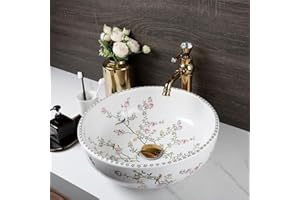 HM HomeMieco Flower and Bird Pattern Bathroom White Ceramic Vessel Sink with Faucet and Drain Combo White Round Vessel Sink B
