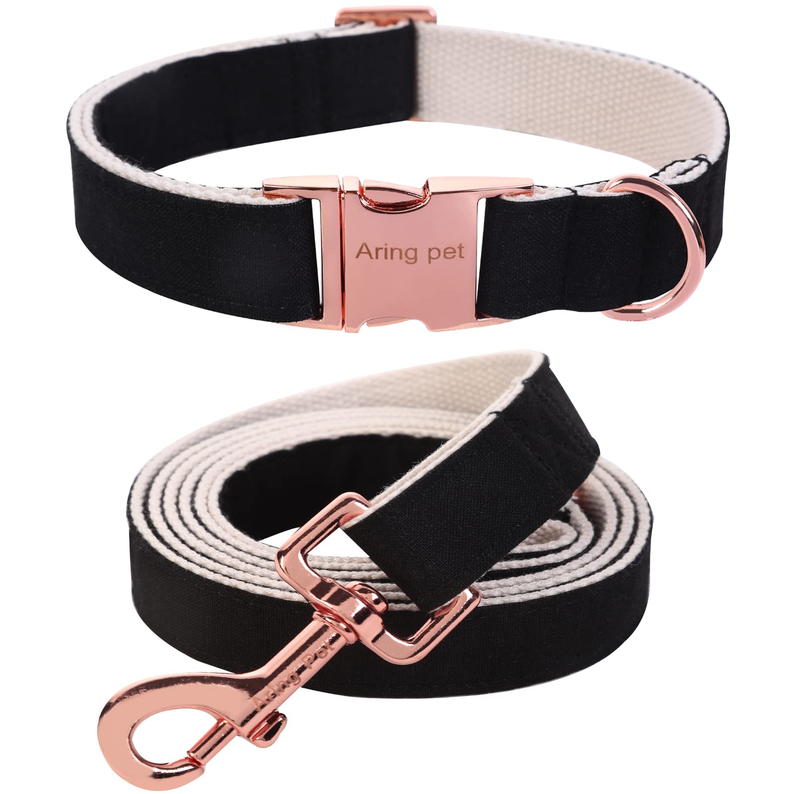 ARING PET Dog Collar and Leash Set, Cotton Black Dog Collar Set, Adjustable Wedding Dog Leash and Collars with Metal Buckle for Small Medium Large Boy and Girl Dogs