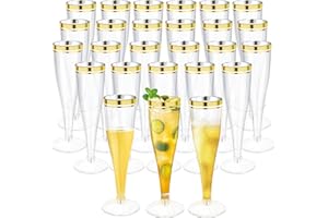 50 Pack Plastic Champagne Flutes,4.5 oz Clear Champagne Glasses with Gold Rim, Disposable Champagne Cups for Wedding Birthday