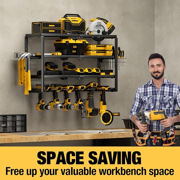YYR 4 LAYER POWER TOOL ORGANIZER WALL MOUNT, CORDLESS DRILL HANGER STORAGE RACK, BATTERY TOOLS HOLDER WITH CHARGING STATION SHELF FOR GARAGE ORGANIZATION, WORKSHOP, PEGBOARD, SHED – 24 INCH 6 SLOTS