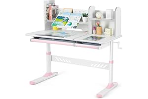 COSVALVE Adjustable Kids Desk for Kids, 47" Wide Multifunction Ergonomic Study Table with,with Hutch and Drawers, Tilt Desktop for Girls Boys Home or School Use (Pink)