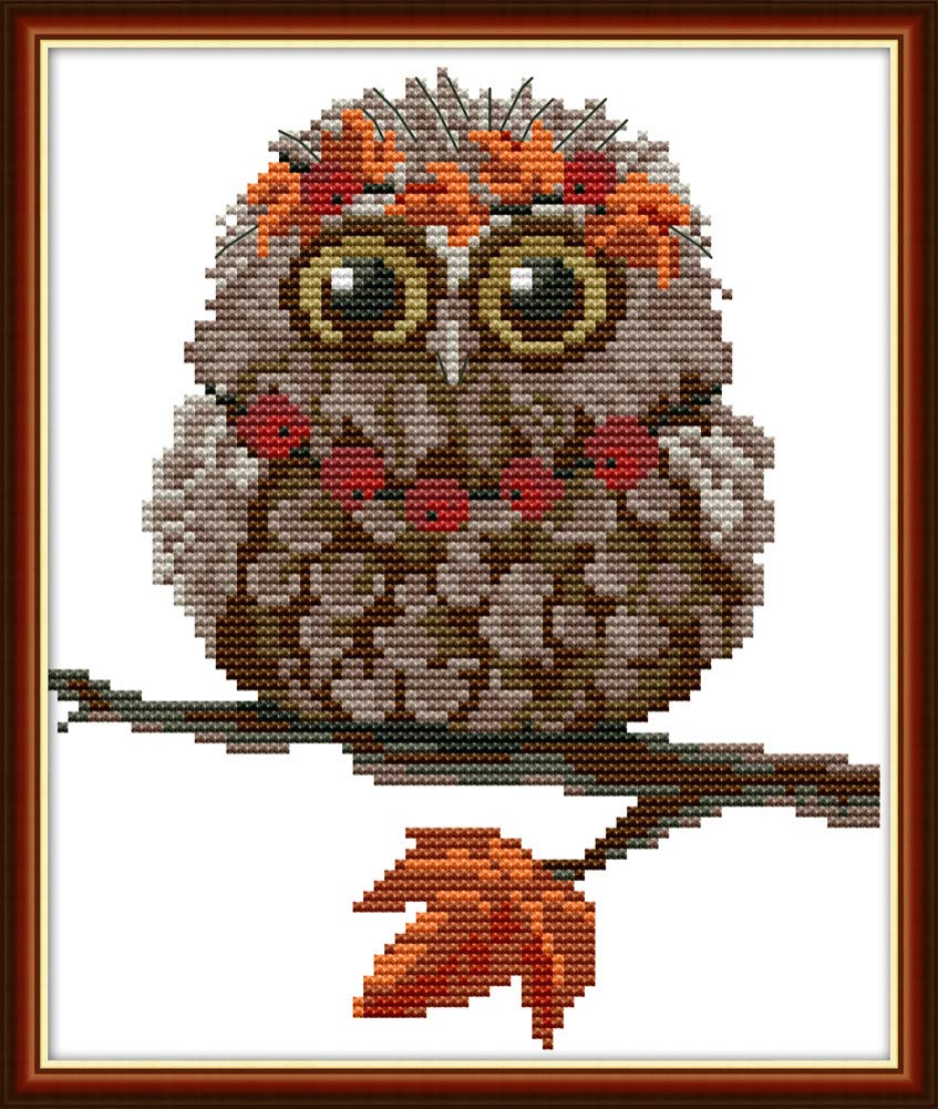 Cross Stitch Kits, Awesocrafts Owl Orange Leaf Cute Bird Autumn Easy Patterns Cross Stitching Embroidery Kit Supplies Christmas Gifts, Stamped (Owl, Stamped)