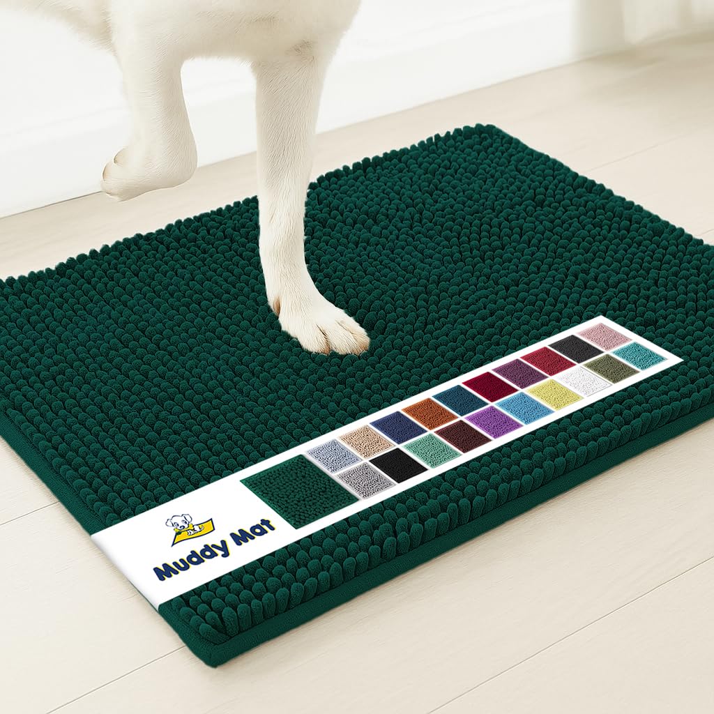 Muddy Mat® | Super Absorbent Door Mat Indoor, Microfiber Quick Dry Chenille Entryway Rug, Non-Slip Front Door Mat, Indoor Mats for Entryway, Machine Washable Pet Rug, Dark Green 30"x19"