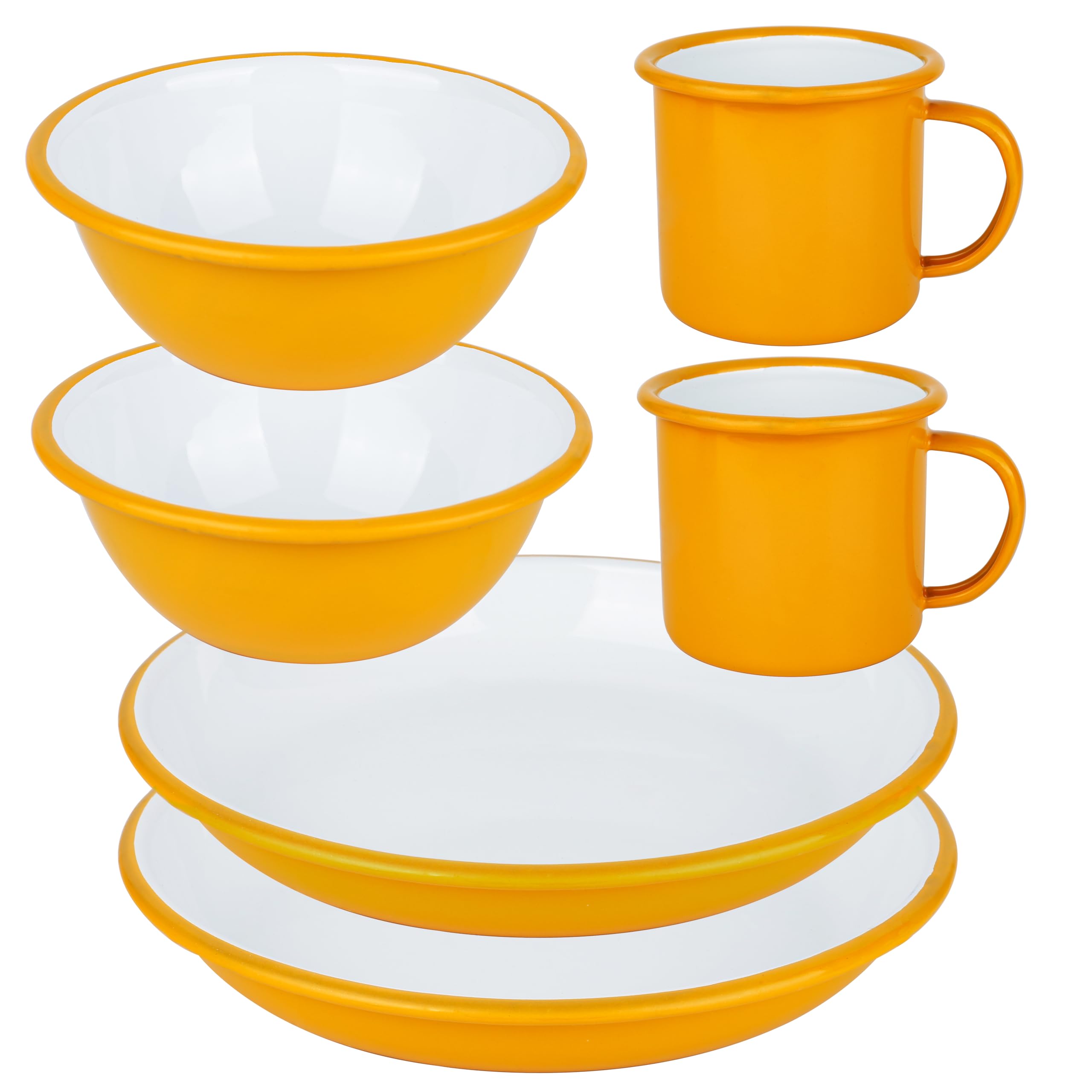 Lost & Found 6 Piece Premium Enamel Set for Two | Bowl Deep Dish Plate Mug | Outdoor Camping Hiking Vanlife Enamelware Dining Mess Kit (Campfire Yellow)